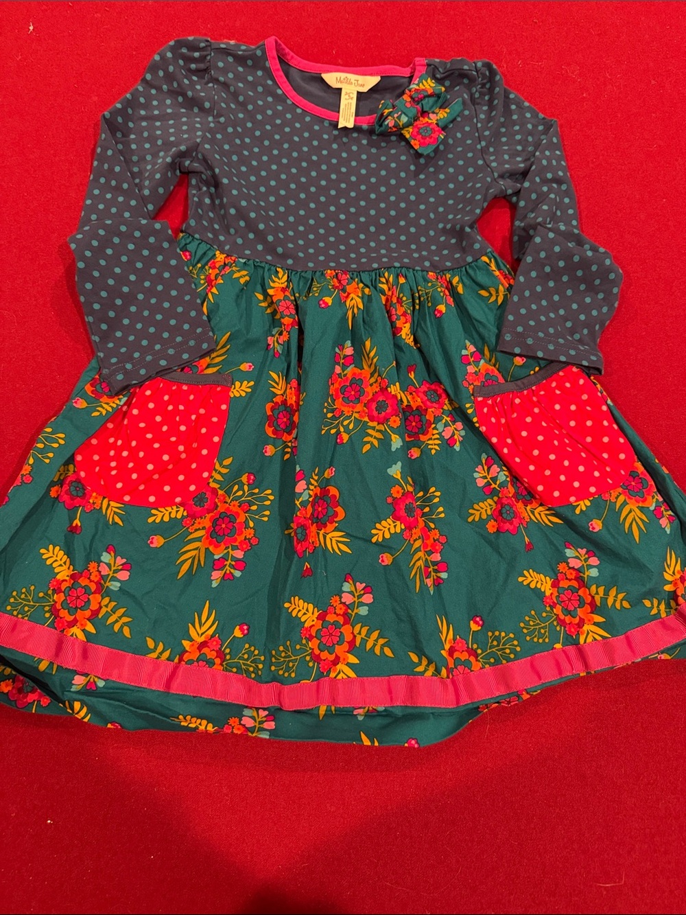 Matilda Jane Red and Teal Floral Dress with Pink Accents